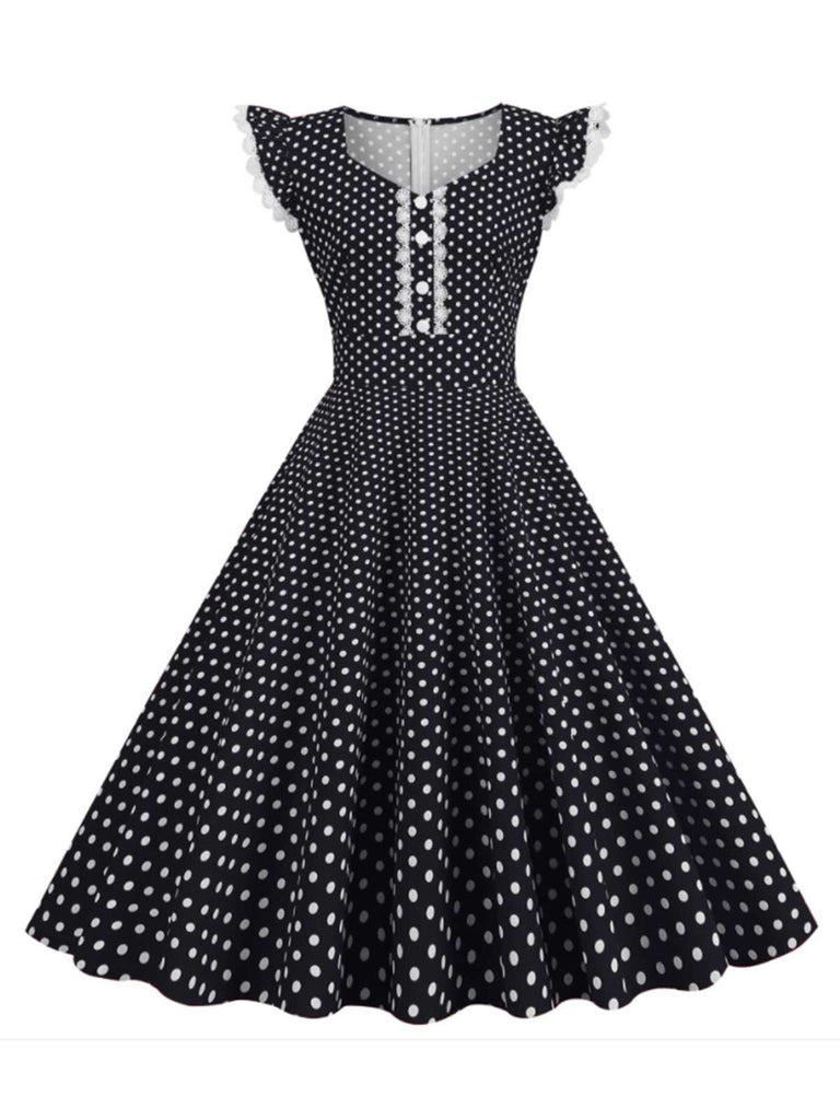 She slips into this Black 1950s Polka Dots Ruffles Dress and suddenly it's a 1950s daydream