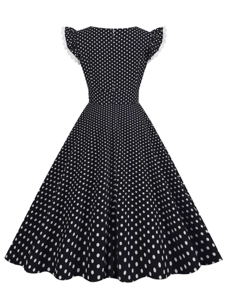 This Black 1950s Polka Dots Ruffles Dress wraps her in 1950s elegance, one twirl at a time