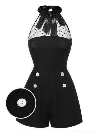 Black 1950s Polka Dots Sheer Neck Romper, vintage romper, retro jumpsuit - perfect for women who love vintage and retro fashion