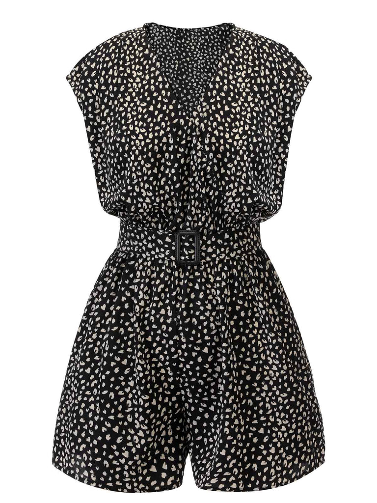 Black 1950s Printed V-Neck Belted Romper — vintage elegance for the modern woman