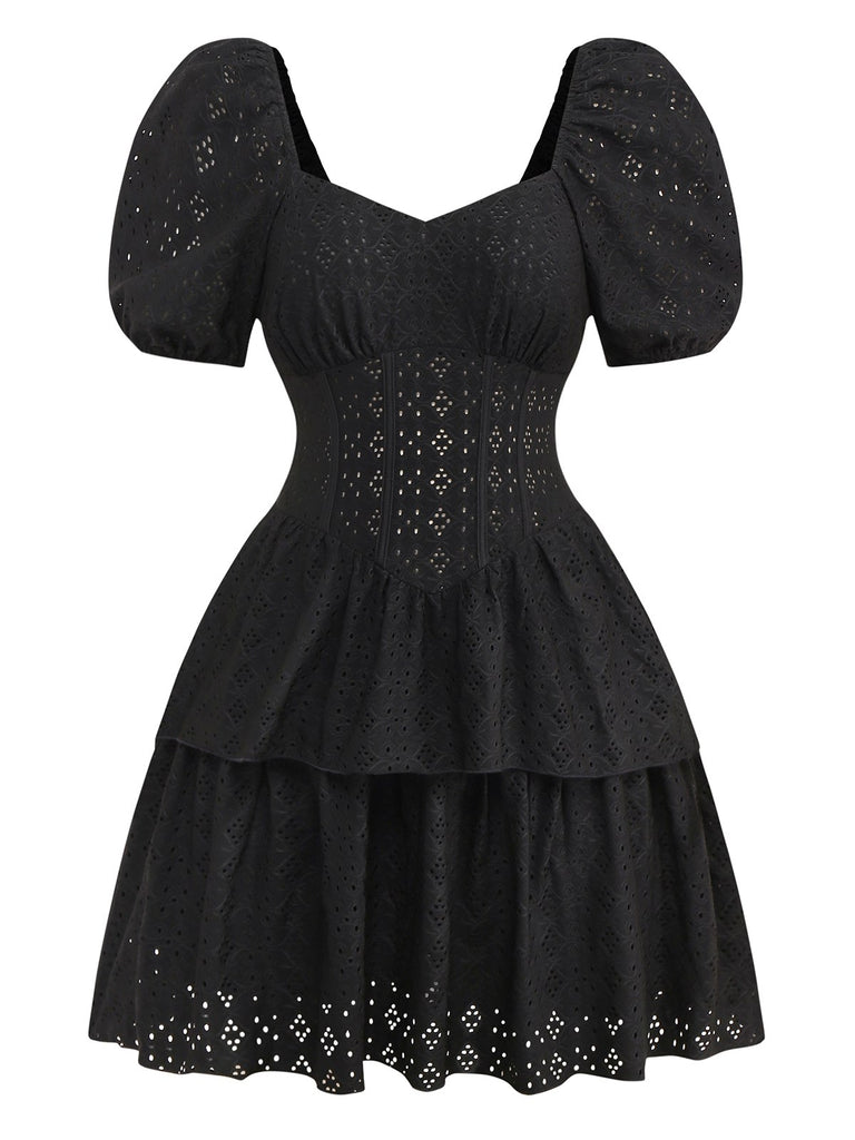 Black 1950s Puff Corset Hollow Knit Dress - vintage dress, retro fashion, rockabilly