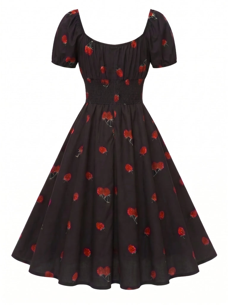[Pre-Sale] Black 1950s Raspberry V-Neck Halter Midi Dress, vintage dress, retro fashion, rockabilly, pin-up fashion - perfect for women who love vintage and retro fashion