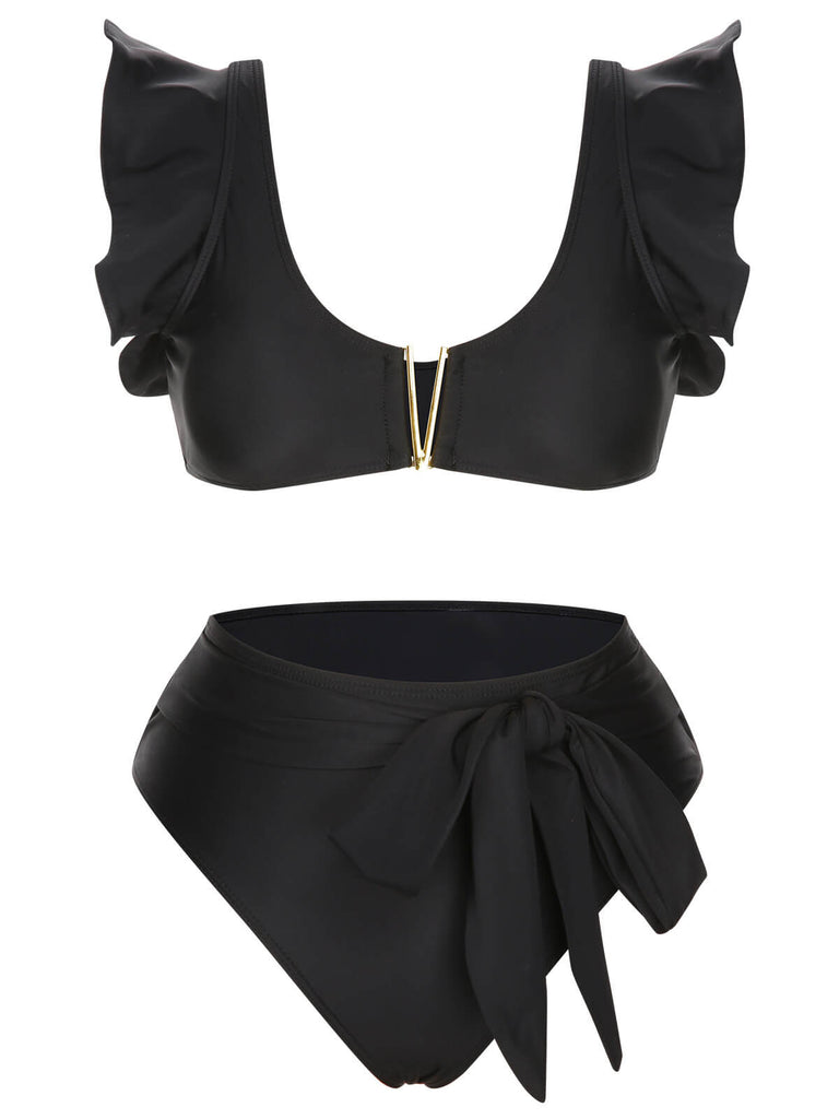 Black 1950s Ruffle Sleeve Split Swimsuit, vintage swimsuit, pin-up swimwear - perfect for women who love vintage and retro fashion