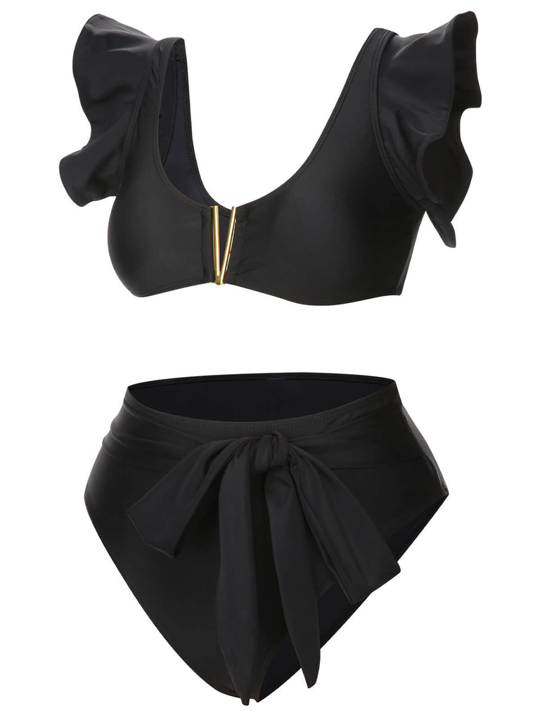 Black 1950s Ruffle Sleeve Split Swimsuit, vintage swimsuit, pin-up swimwear - perfect for women who love vintage and retro fashion