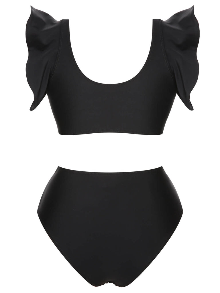 Black 1950s Ruffle Sleeve Split Swimsuit, vintage swimsuit, pin-up swimwear - perfect for women who love vintage and retro fashion