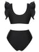 Black 1950s Ruffle Sleeve Split Swimsuit, vintage swimsuit, pin-up swimwear - perfect for women who love vintage and retro fashion