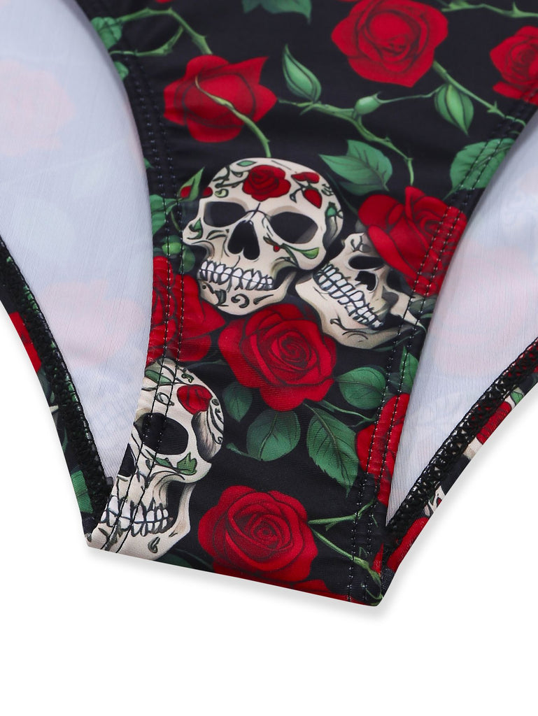 Black 1950s Skeleton Rose Halter Swimsuit | vintage swimwear, retro swimsuit, pin-up style - perfect for retro fashion enthusiasts