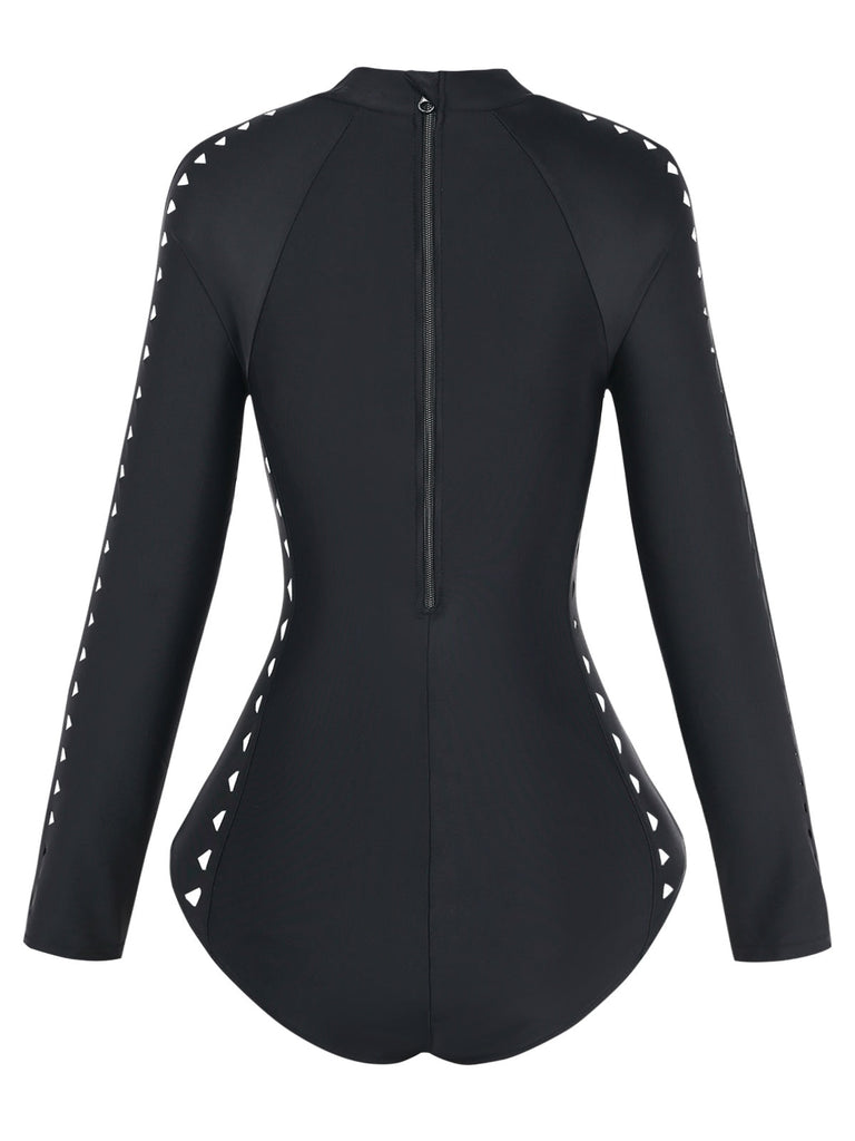 Black 1950s Solid Cutout Long Sleeves Swimsuit - vintage swimsuit, pin-up swimwear for vintage lovers