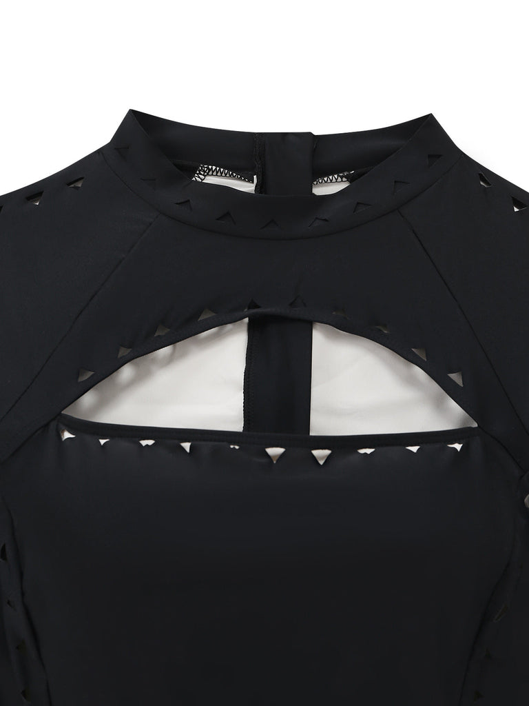Black 1950s Solid Cutout Long Sleeves Swimsuit - vintage swimsuit, pin-up swimwear for vintage lovers