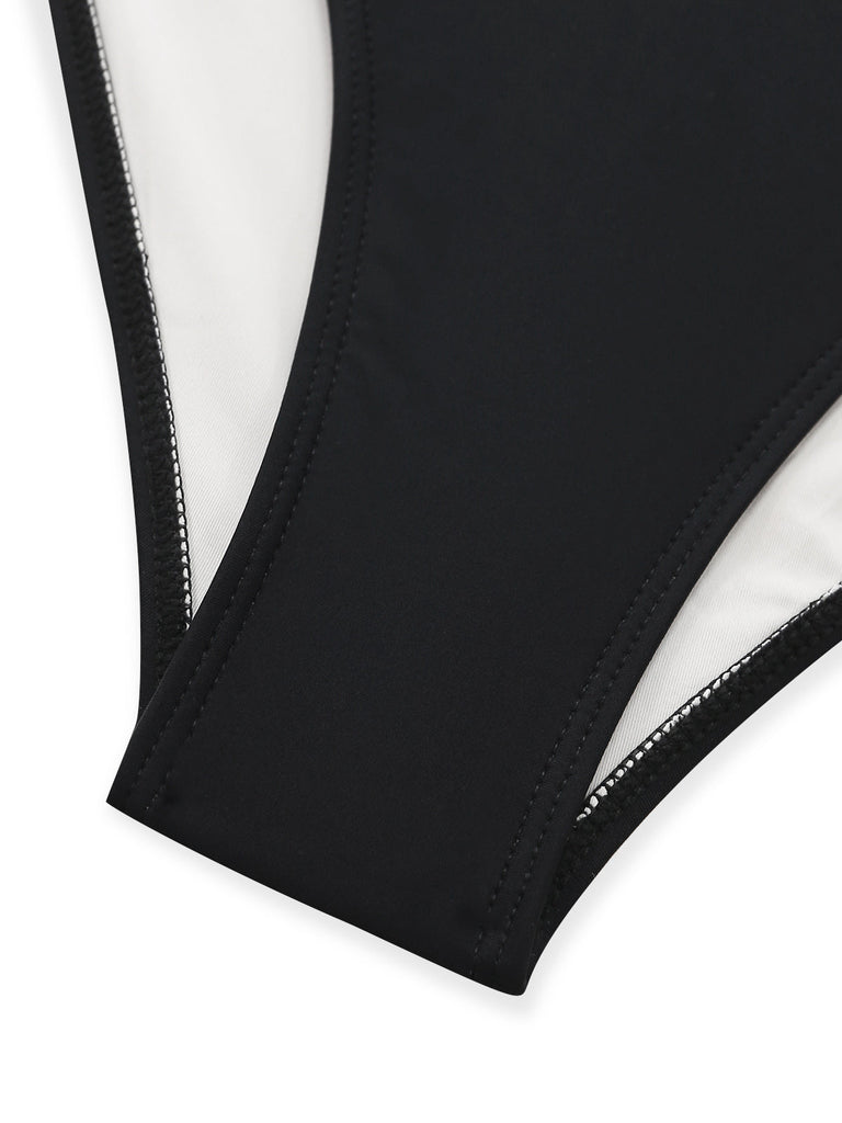 Black 1950s Solid Cutout Long Sleeves Swimsuit - vintage swimsuit, pin-up swimwear for vintage lovers