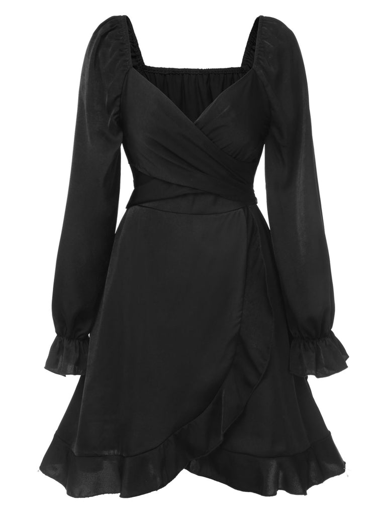 Black 1950s Solid Ruffles V-Neck Dress, vintage dress, retro fashion, rockabilly, pin-up fashion - perfect for women who love vintage and retro fashion
