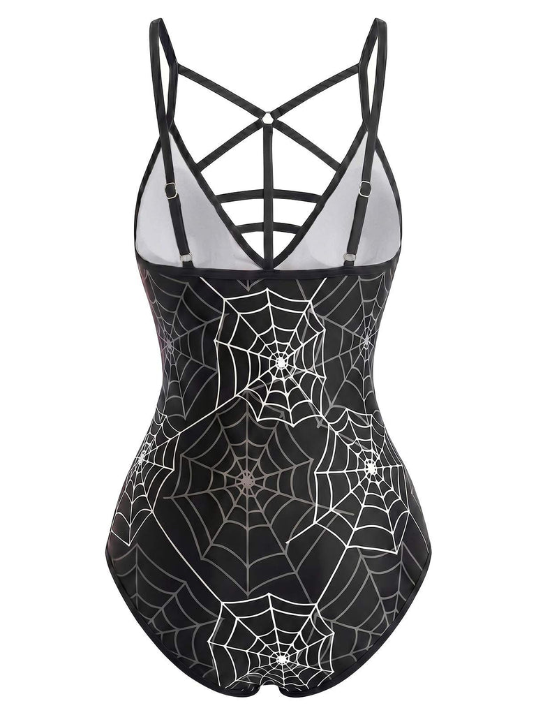 [Pre-Sale] Black 1950s Spider Web Print Gothic One-Piece Swimsuit, vintage swimsuit, pin-up swimwear - perfect for women who love vintage and retro fashion