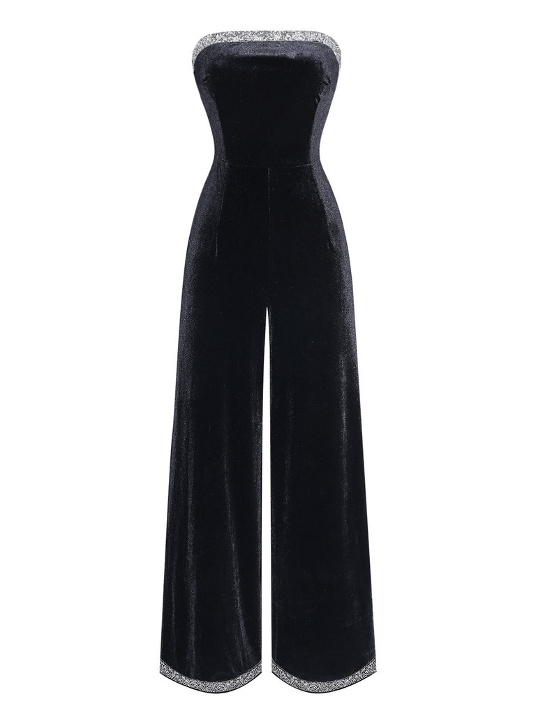 Black strapless jumpsuit with silver trim on a white background