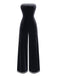 Black strapless jumpsuit with silver trim on a white background
