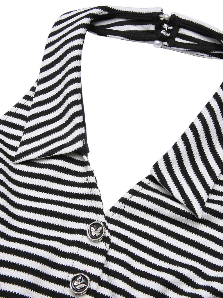 Black 1950s Stripe Lapel Halter Patchwork Dress: timeless style reimagined