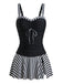 Black 1950s Striped Colorblock Ruched Tankini Set - vintage fashion, retro style, classic black