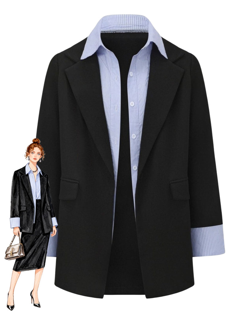 Black 1950s Striped Lapel Faux Two-Piece Blazer - vintage fashion, retro style, classic black