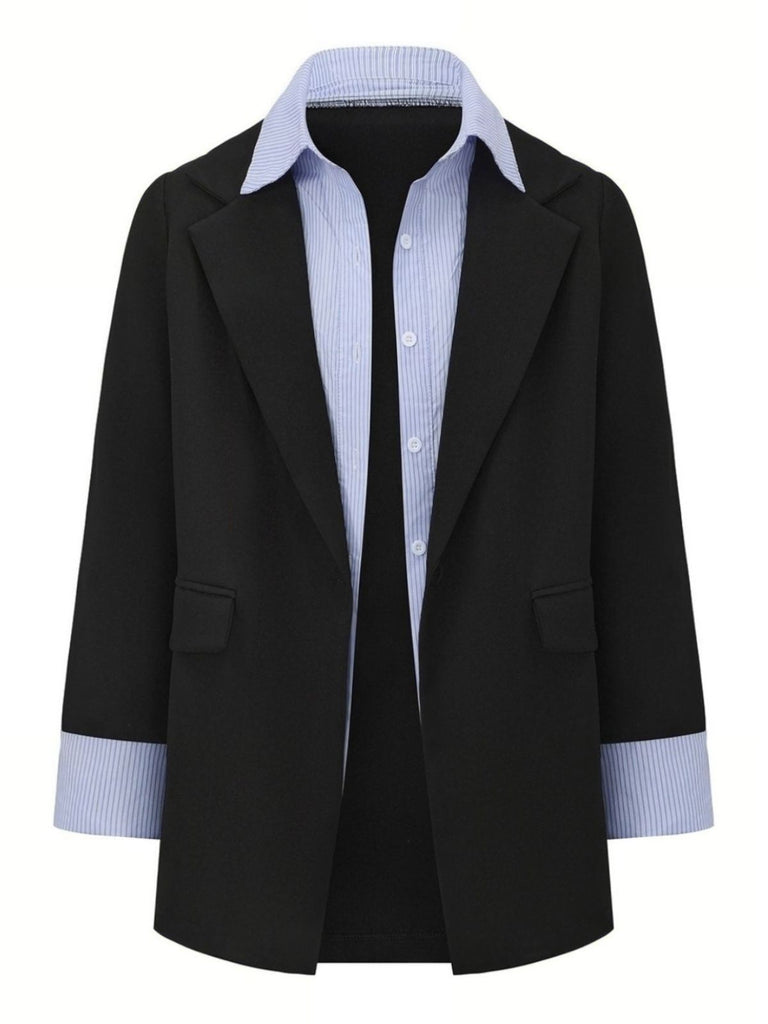 Black 1950s Striped Lapel Faux Two-Piece Blazer - vintage fashion, retro style, classic black