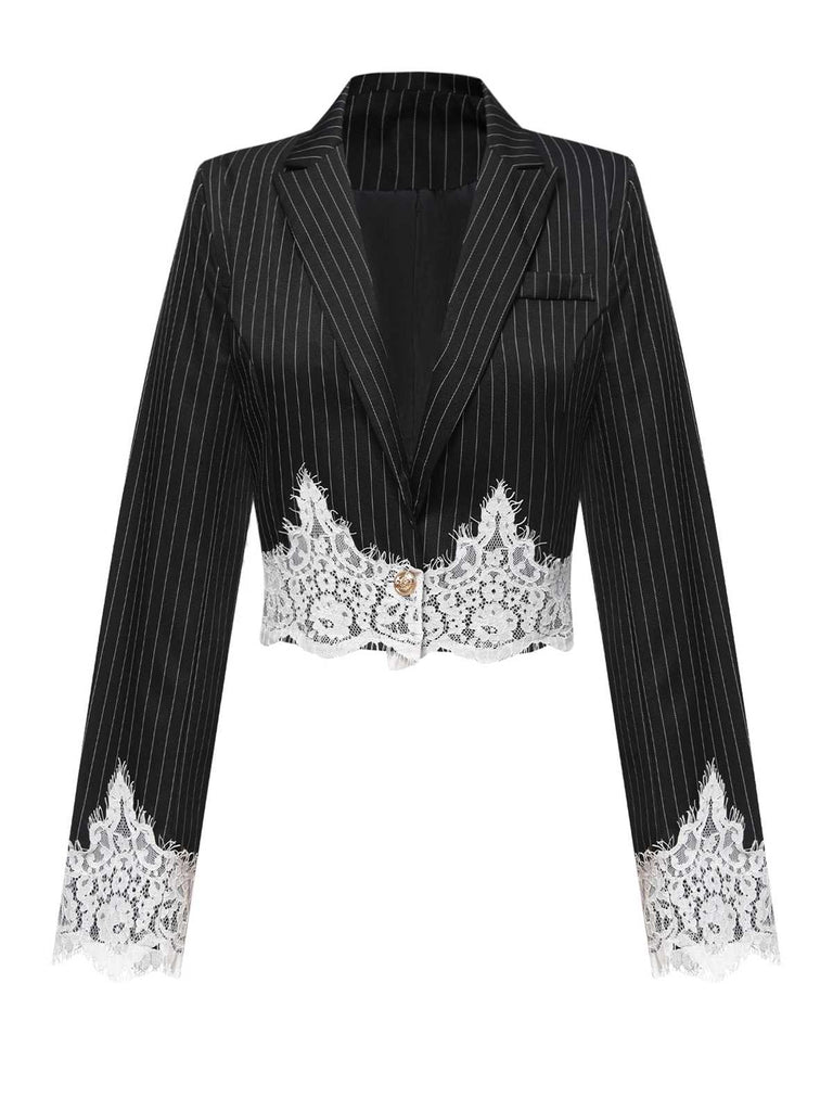 She throws on this Black 1950s Stripes Lace Trim Cropped Blazer and the city feels like 1950s Paris