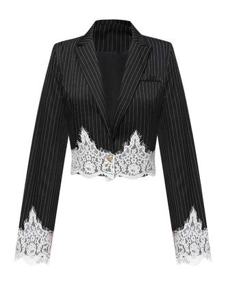 She throws on this Black 1950s Stripes Lace Trim Cropped Blazer and the city feels like 1950s Paris