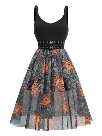 She slips into this Black 1950s Sun Face Print Sleeveless A-line Dress and suddenly it's a 1950s daydream