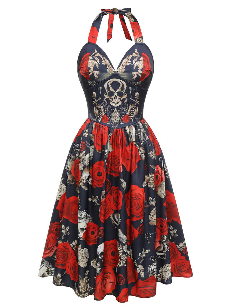 Black 1950s Sweetheart Skeleton Rose Swing Dress — vintage elegance for the modern woman