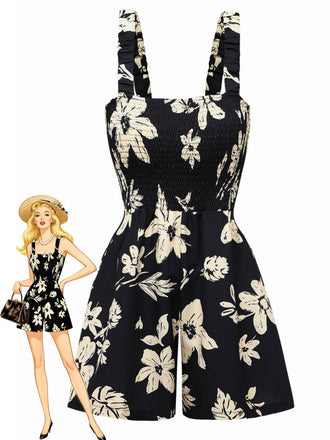 Black floral Romper with a doll wearing a similar outfit on a white background