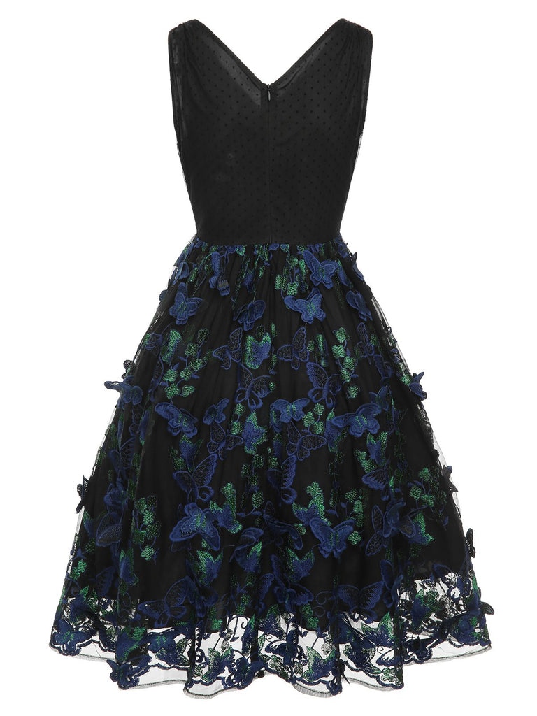 Black 1950s V-Neck 3D Butterfly Mesh Dress, vintage dress, retro fashion, rockabilly, pin-up fashion - perfect for women who love vintage and retro fashion