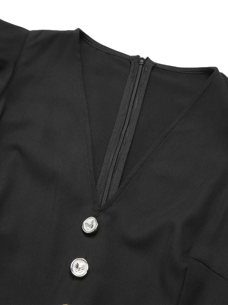 Black 1950s V-Neck Bow Mesh Dress — a 1950s silhouette that turns sidewalks into runways