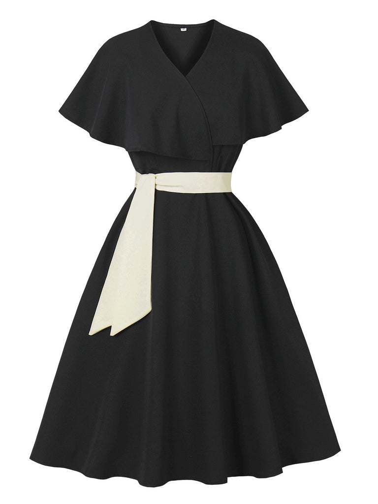 Black 1950s V-Neck Cloak Belted Dress - vintage dress, retro fashion, rockabilly