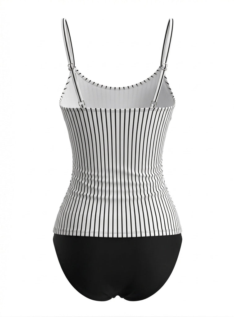 Black 1950s V-Neck Spaghetti Strap Striped Tankini 3