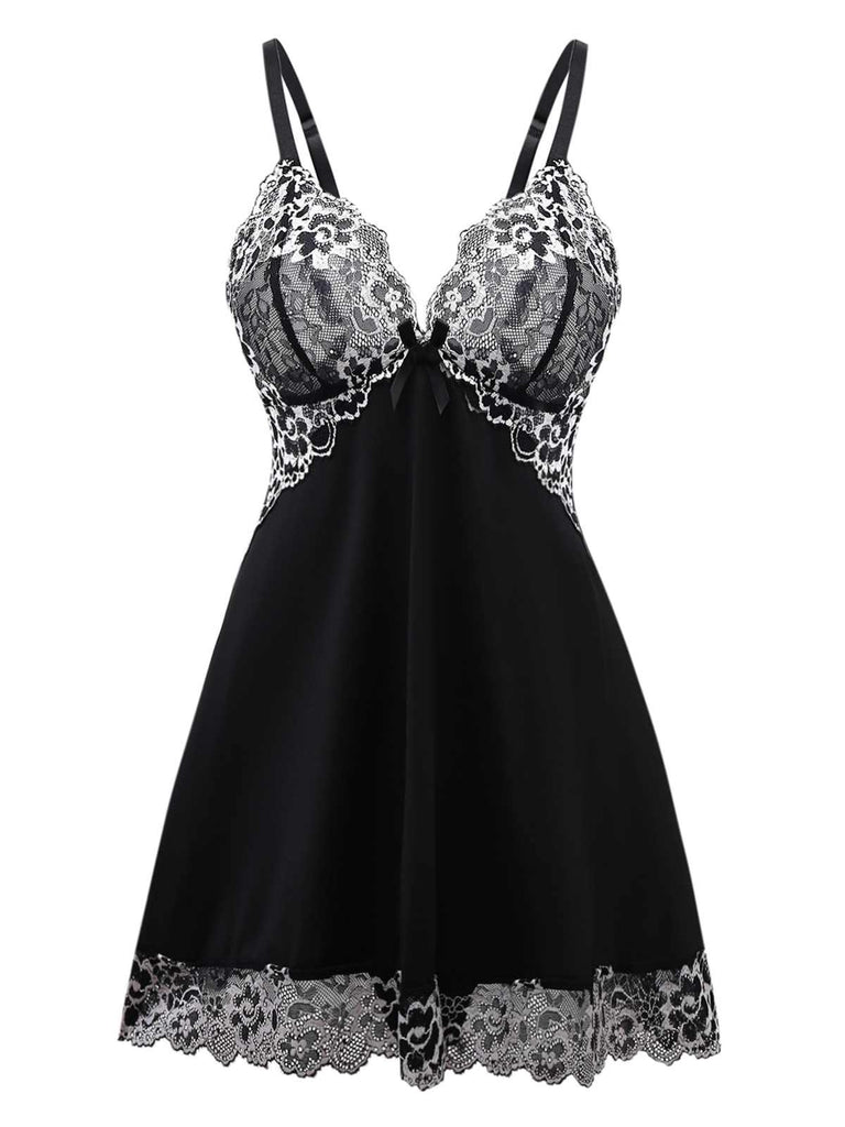 Black 1950s Velvet Lace Slip Nightgown - vintage nightgown, retro sleepwear, classic black