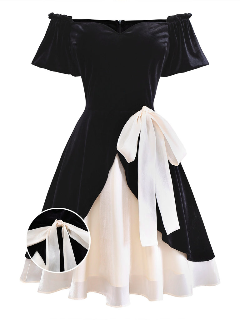 Black 1950s Velvet Satin Off-Shoulder Bow Dress - vintage dress, retro fashion, rockabilly