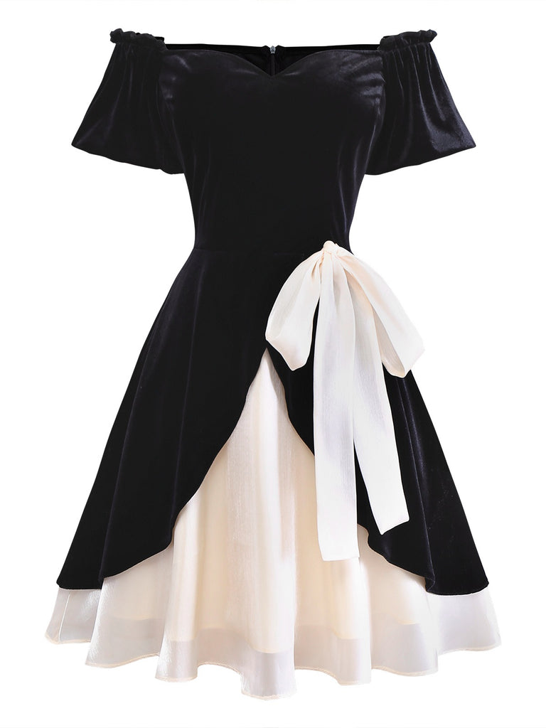 Black 1950s Velvet Satin Off-Shoulder Bow Dress - vintage dress, retro fashion, rockabilly