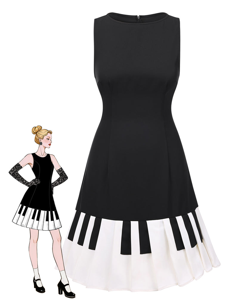 She slips into this Black 1960s Boat Neck Piano Key Patchwork Dress and suddenly it's a 1960s daydream