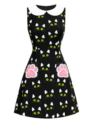 Black 1960s Cat Print Paw Pockets Dress - vintage dress, retro fashion, classic black