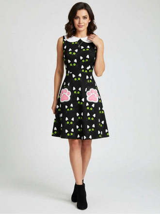 [Pre-Sale] Black 1960s Cat Print Paw Pockets Dress, vintage dress, retro fashion - perfect for women who love vintage and retro fashion