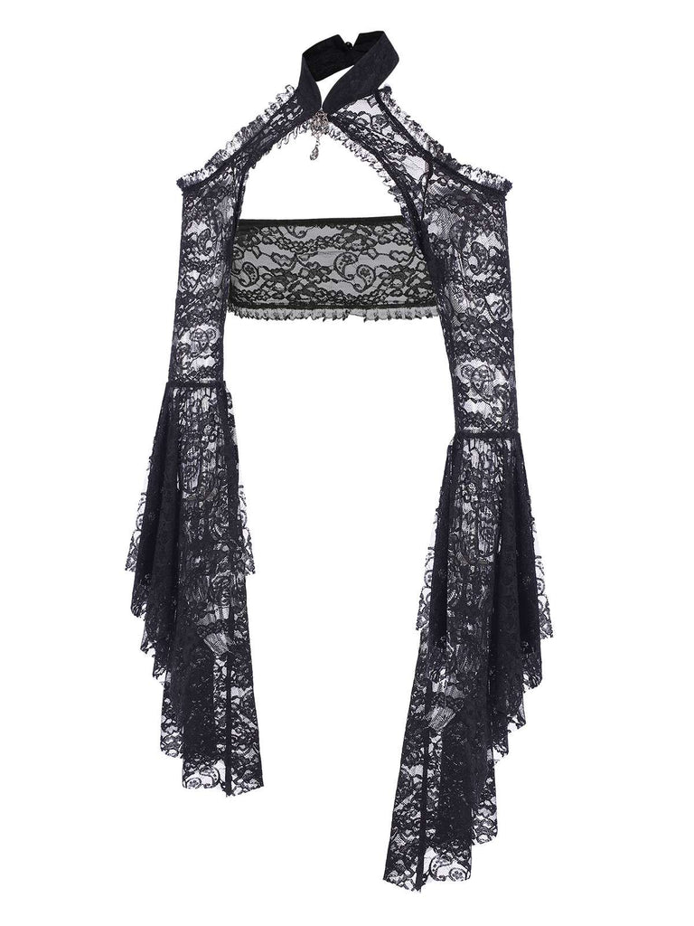 Black 1960s Flare Sleeved Lace Rhinestone Sheer Cape, vintage fashion, retro style - perfect for women who love vintage and retro fashion