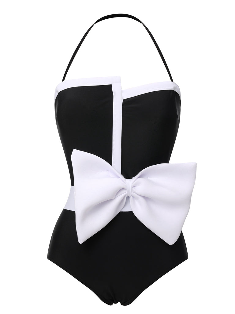 She's wearing Black 1960s Halter Bow Colorblock Swimsuit and the whole beach remembers the 1960s