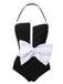 She's wearing Black 1960s Halter Bow Colorblock Swimsuit and the whole beach remembers the 1960s