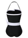 This Black 1960s Halter Bow Colorblock Swimsuit carries 1960s vacation dreams in every stitch
