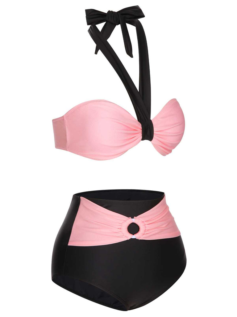This Black 1960s Halter Contrast Swimsuit carries 1960s vacation dreams in every stitch