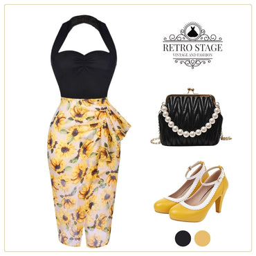 Black 1960s Halter Sunflower Pencil Dress: timeless style reimagined