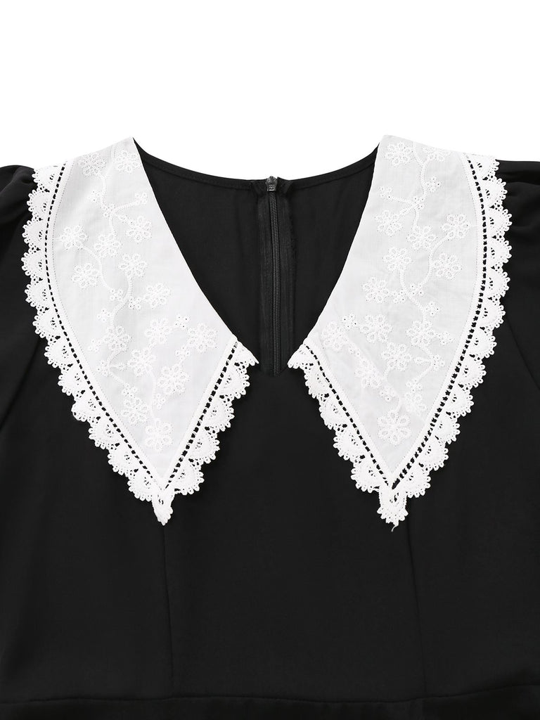 Black 1960s Lace Collar Puff Sleeve Dress - vintage dress, retro fashion, classic black