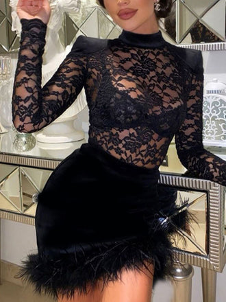 Black 1960s Lace Feather Hem Velvet Bodycon Dress - vintage dress, retro fashion, classic black