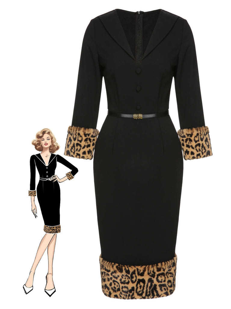Black 1960s Leopard Plush V-Neck Pencil Dress - vintage dress, retro fashion, classic black