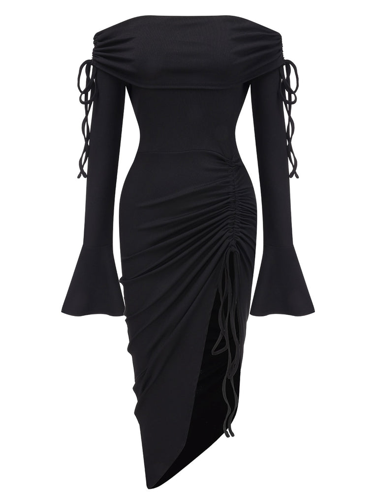 She slips into this Black 1960s Off-Shoulder Lace-Up Drawstring Dress and suddenly it's a 1960s daydream
