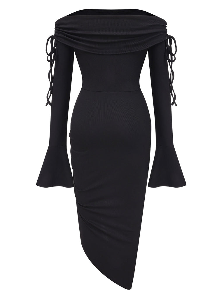 Black 1960s Off-Shoulder Lace-Up Drawstring Dress, vintage dress, retro fashion, lace detail - perfect for women who love vintage and retro fashion