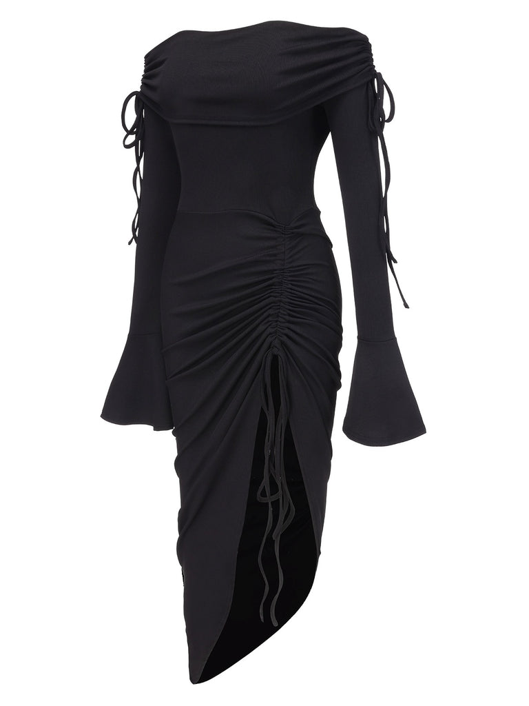 Black 1960s Off-Shoulder Lace-Up Drawstring Dress, vintage dress, retro fashion, lace detail - perfect for women who love vintage and retro fashion