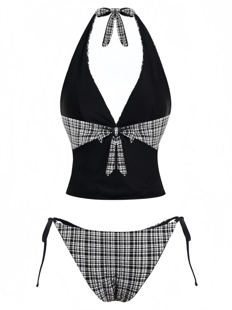 Black 1960s Plaid Deep V Halter Tankini Set - vintage fashion, retro style, classic black